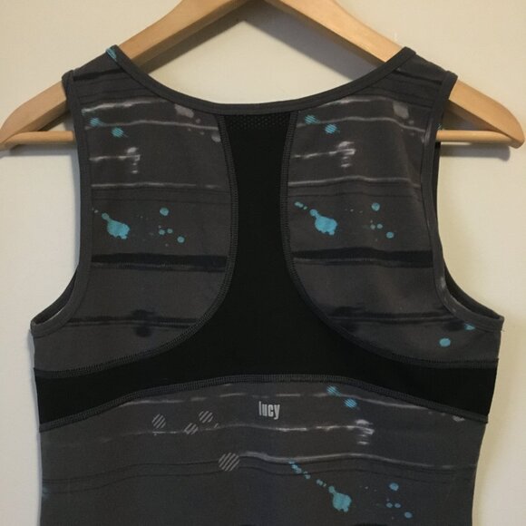 Lucy Charcoal Grey Blue Paint Splat Racer Back Tank Top - Picture 5 of 11